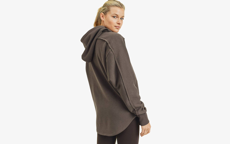 cozy zip up hooded shirt tail jacket