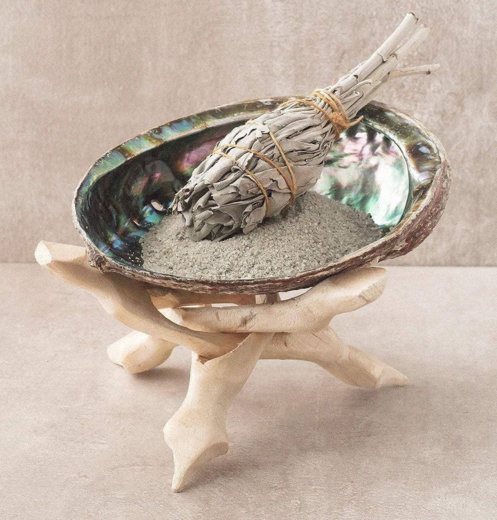 abalone shell smudge pot on stand